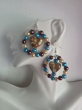 Handmade Teal, Pearl & Brown Heart Hoop Earrings